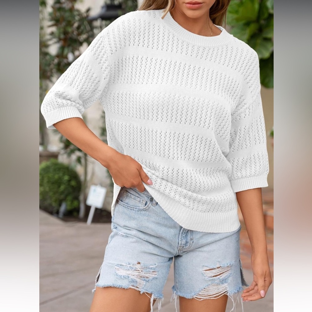 Dokotoo Womens Tops Round Neck Half Sleeve Loose Pullover Sweater
